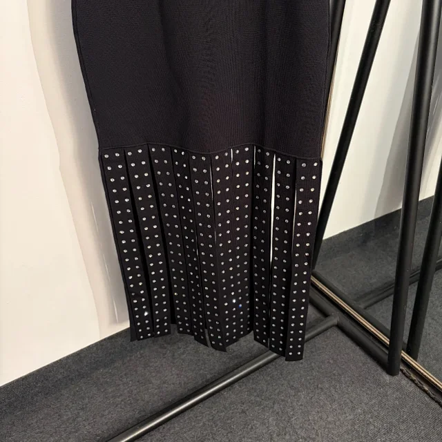 Unbranded Dresses Sleeveless Ribbed Knit Dress with Rhinestone Pleated Hem product detail image 5