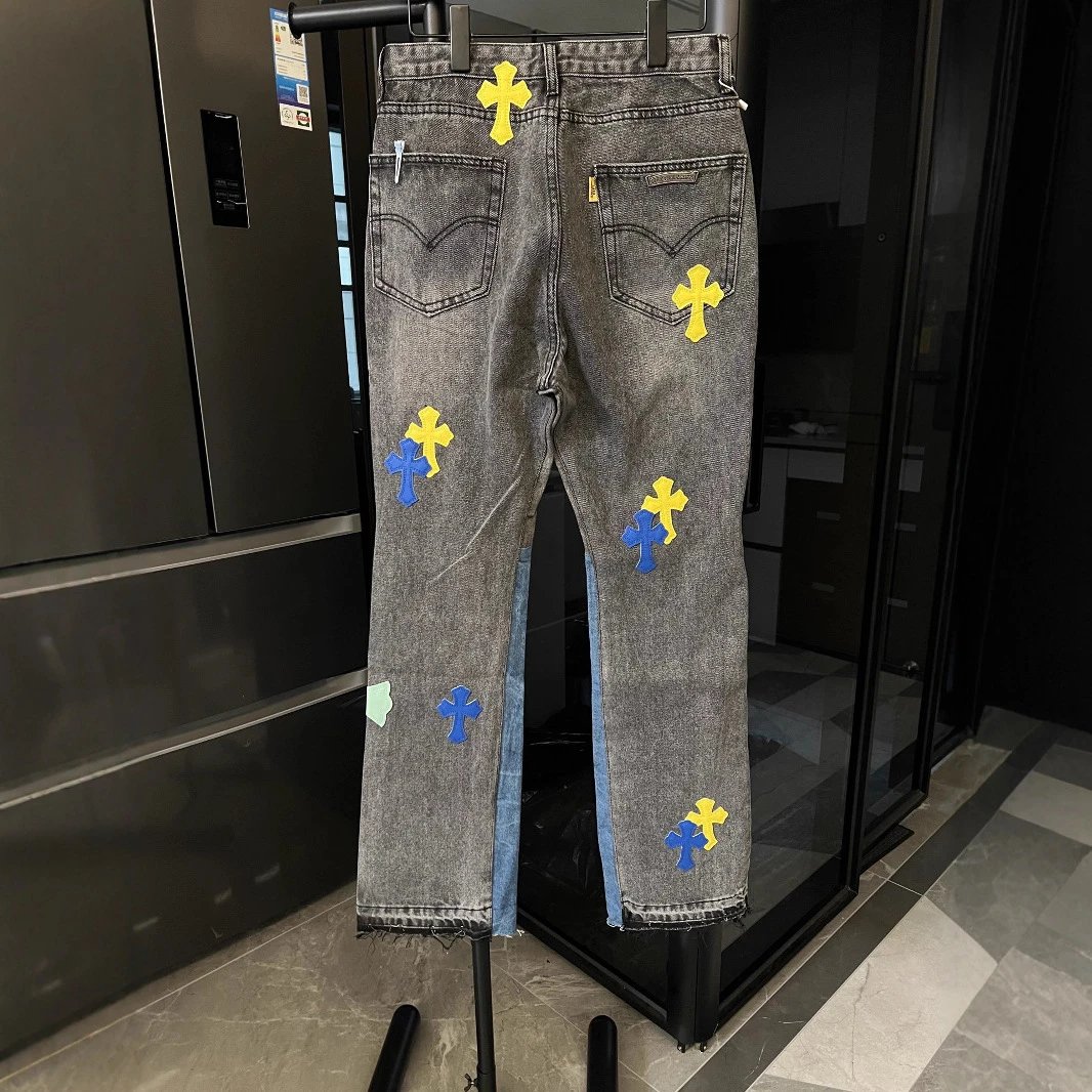 Unbranded Jeans Two-tone washed denim with multicolor cross appliqués and raw hems image 2
