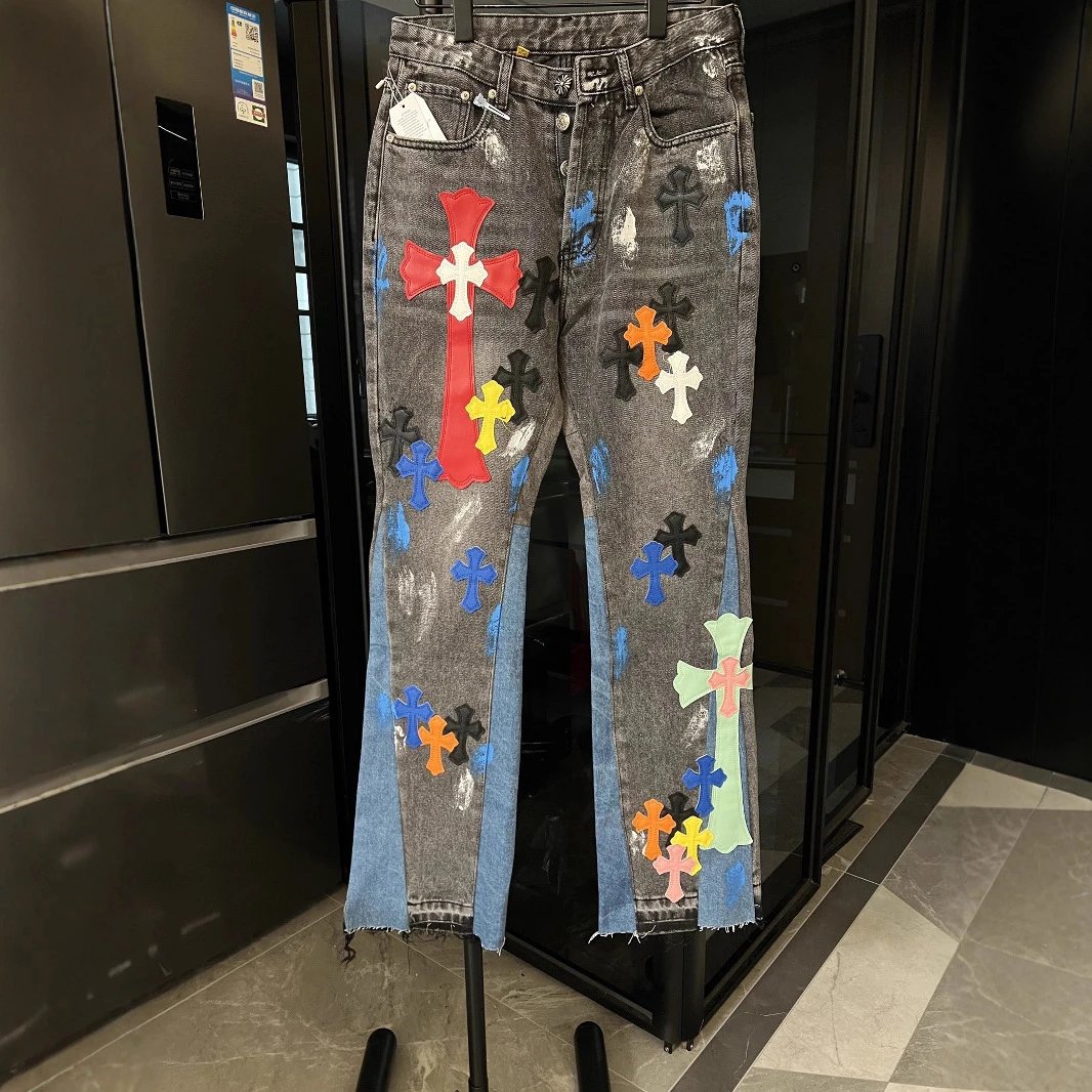 Unbranded Jeans Two-tone washed denim with multicolor cross appliqués and raw hems image 5