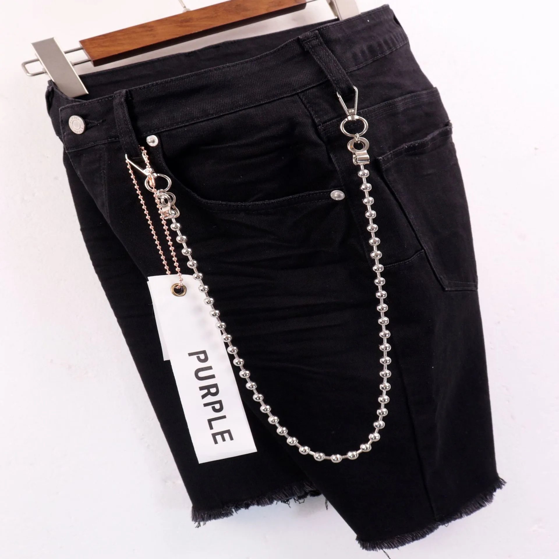 Purple Brand Denim Shorts Black with Chain Accessory - 7
