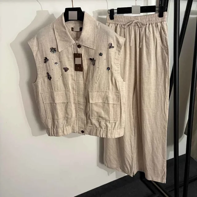 Unbranded Matching Sets Linen-look sleeveless vest and drawstring wide-leg trousers with floral bead embellishments product detail image 2