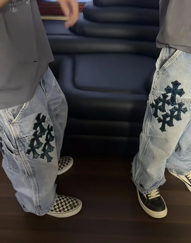Unbranded Jeans Light-wash carpenter with cross appliqués product detail image 7
