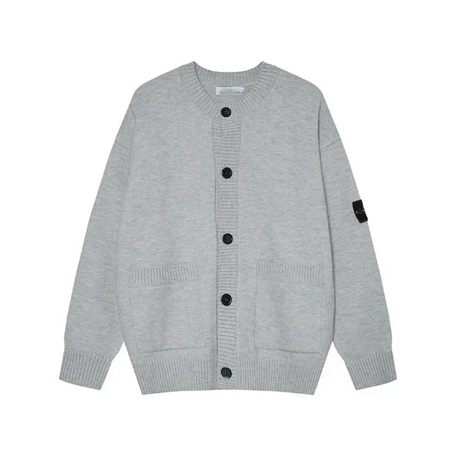 Stone Island Knitwear Button-Front Crewneck Cardigan with Sleeve Compass Badge product detail image 4
