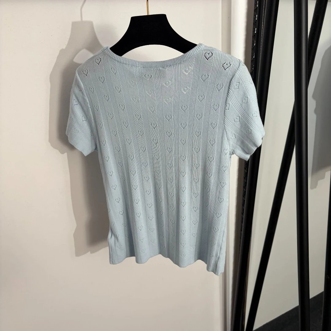 Miu Knitwear Short-Sleeve Heart Pointelle Knit Top with Bow Detail image 4