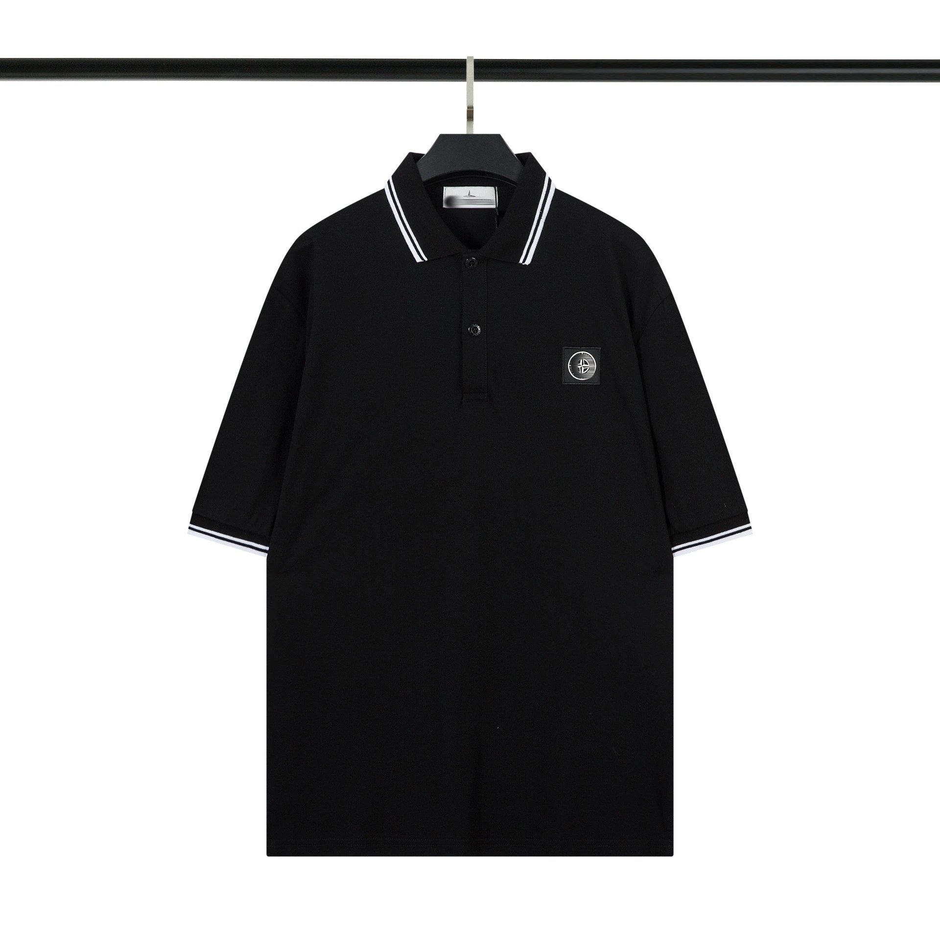 Stone Island T-Shirts Short-Sleeve Polo Shirt with Compass Badge and Striped Trim — 639 black