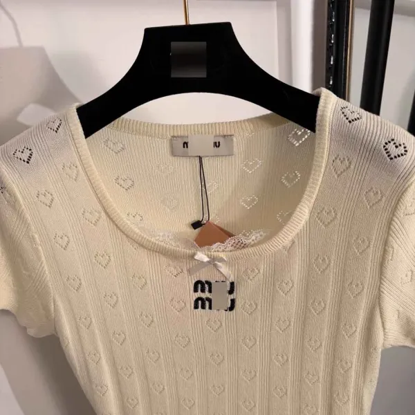 Miu Miu Knit Heart-Embroidered Cream Short-Sleeve Top - 5