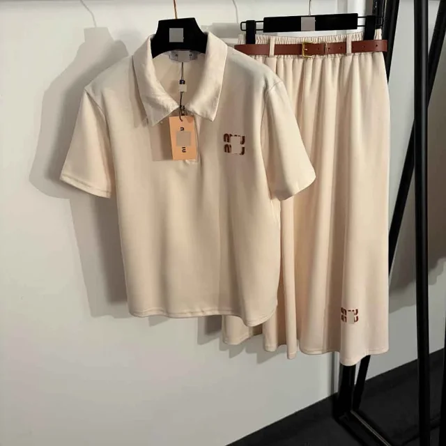 Unbranded Matching Sets Short-Sleeve Collared Top and Belted Midi Skirt Set product detail image 2