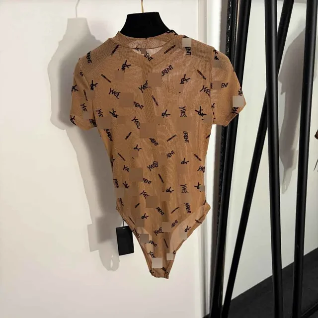 Saint Laurent Underwear Sheer mesh short-sleeve zip-front monogram bodysuit product detail image 3