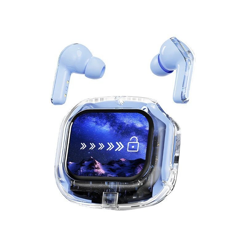 Design TWS Earbuds with Transparent Charging Case in Pastel Blue