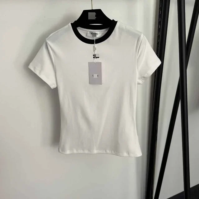 Celine T-Shirts Embroidered Logo Ringer Crew Neck Short-Sleeve T-Shirt product detail image 2