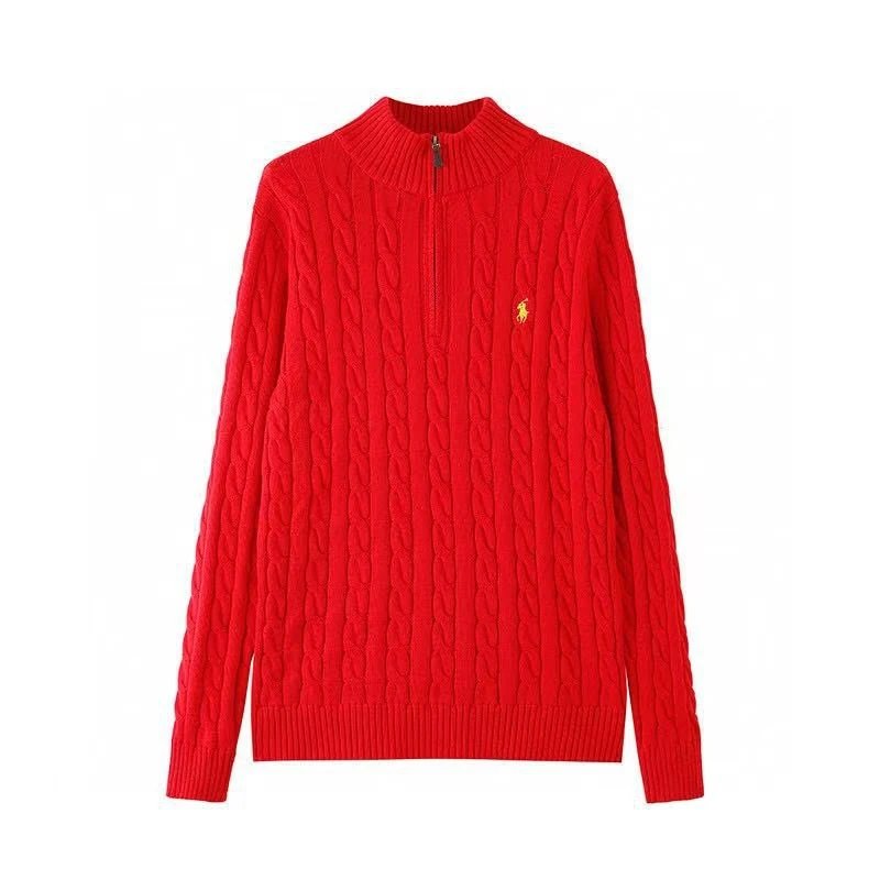 Unbranded Knitwear Cable-Knit Quarter-Zip Mock-Neck Sweater with Embroidered Pony Motif — Bright red