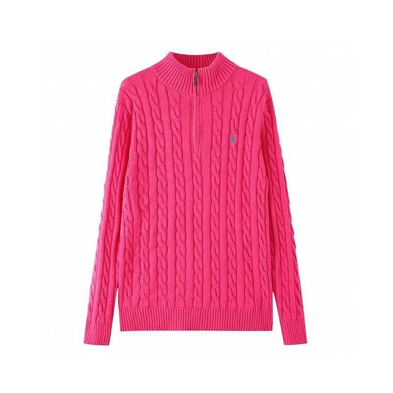Unbranded Knitwear Cable-Knit Quarter-Zip Mock-Neck Sweater with Embroidered Pony Motif — Rose red