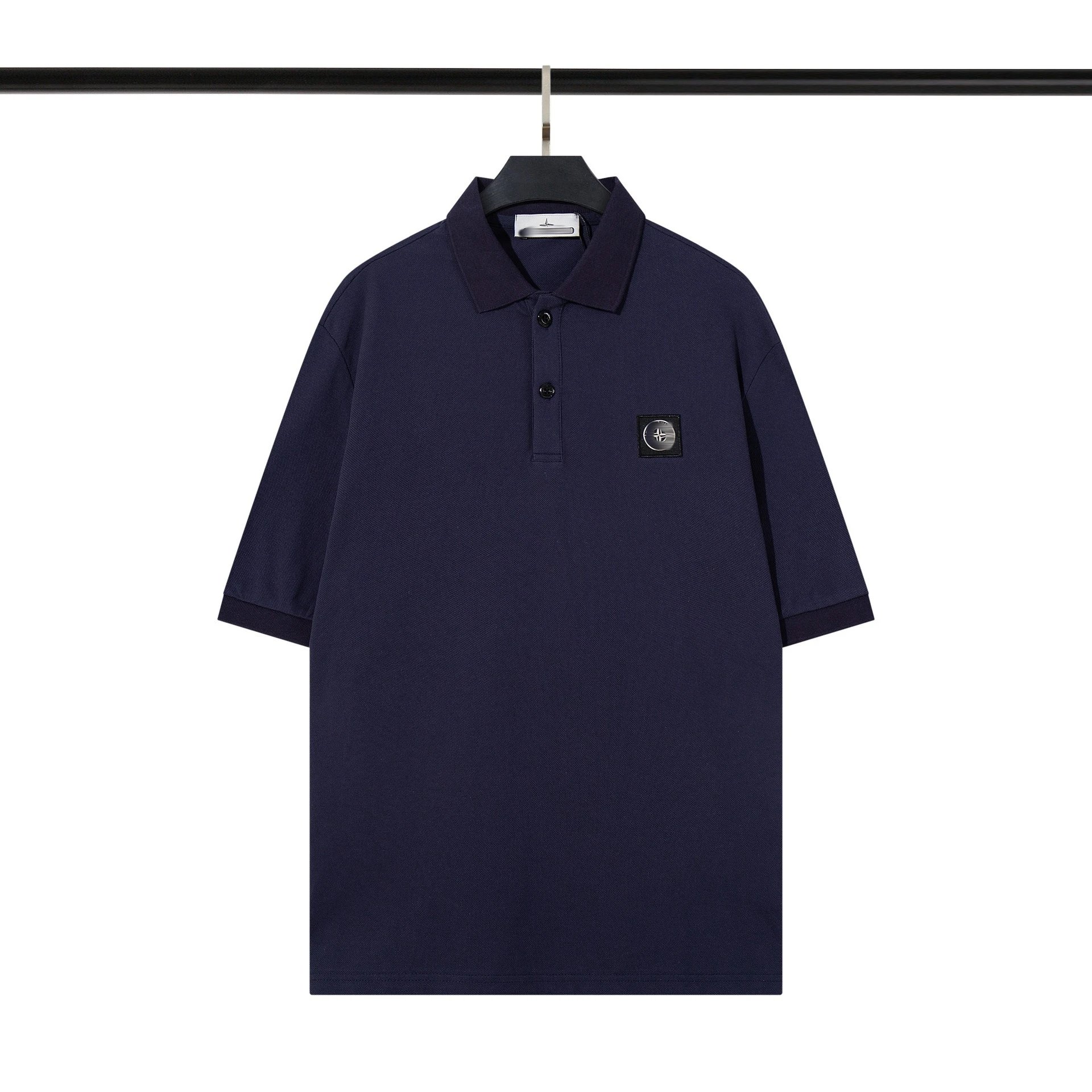 Stone Island T-Shirts Short-Sleeve Polo Shirt with Compass Badge and Striped Trim — 8229 Navy