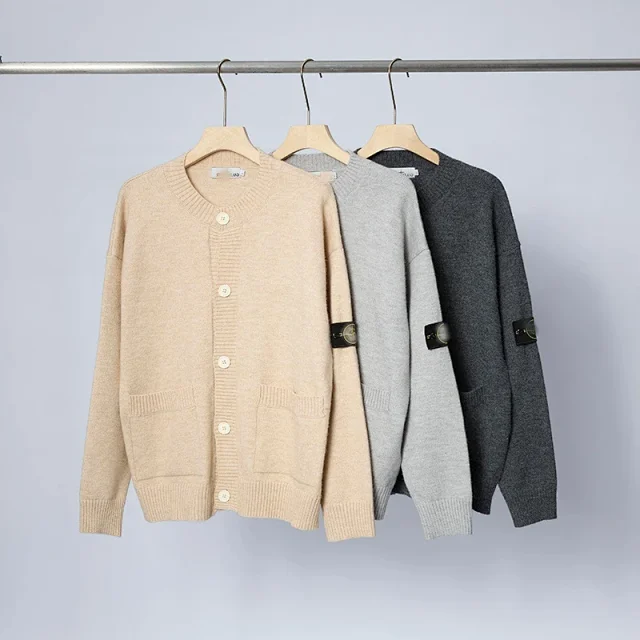 Stone Island Knitwear Button-Front Crewneck Cardigan with Sleeve Compass Badge product detail image 2