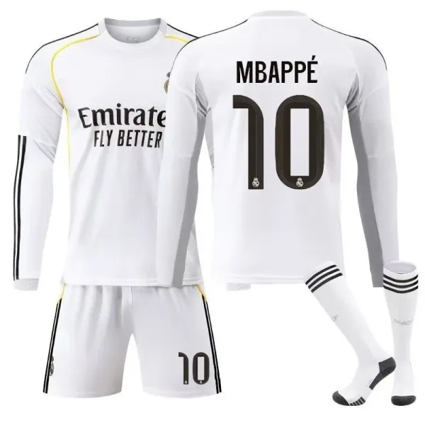 Real Madrid Mbappé #10 Home Kit White Long-Sleeve Jersey Set - 2
