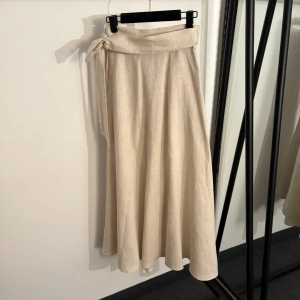 Design Linen Shirt and Wrap Skirt Set Beige - 7
