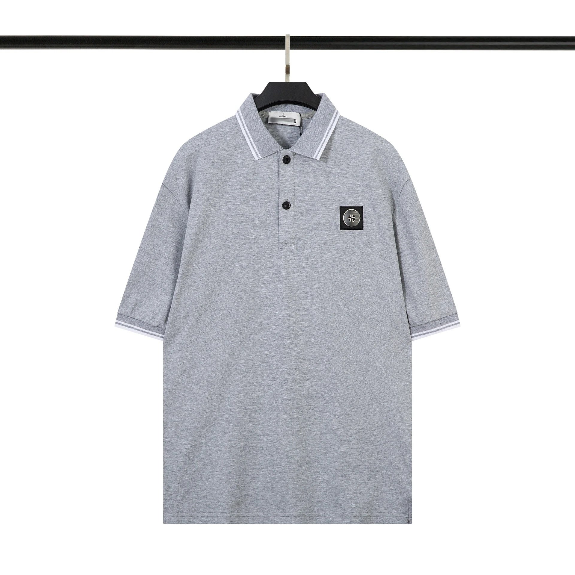 Stone Island T-Shirts Short-Sleeve Polo Shirt with Compass Badge and Striped Trim — 639 gray
