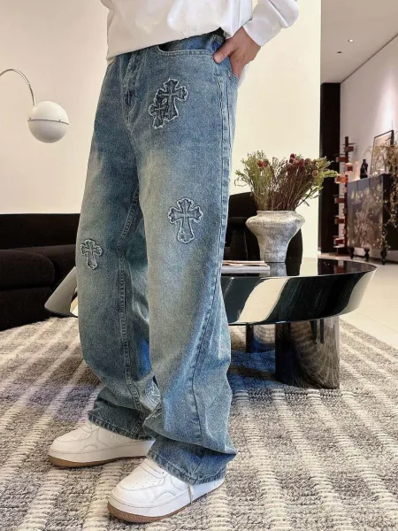 Chrome Hearts Cross Embroidered Distressed Wide-Leg Jeans Blue - 10