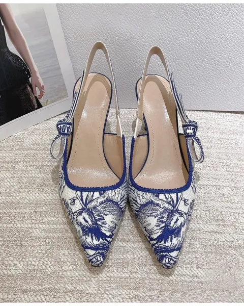 Dior J'adior Slingback Heels Navy Blue and White Toile Print - 6