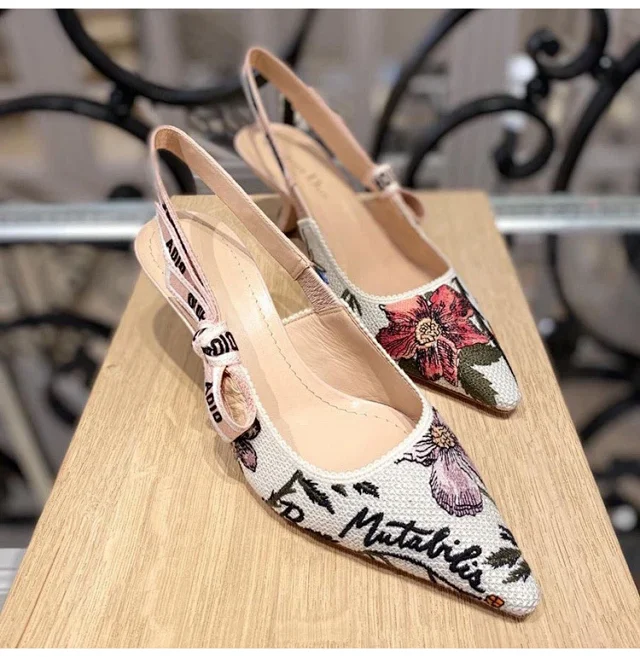 Unbranded High Heels Floral embroidered pointed-toe slingback kitten product detail image 6