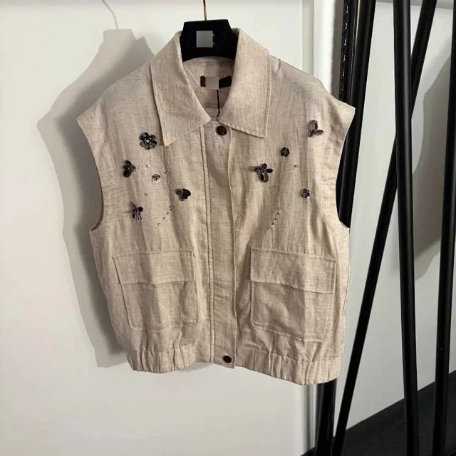 Unbranded Matching Sets Linen-look sleeveless vest and drawstring wide-leg trousers with floral bead embellishments product detail image 3