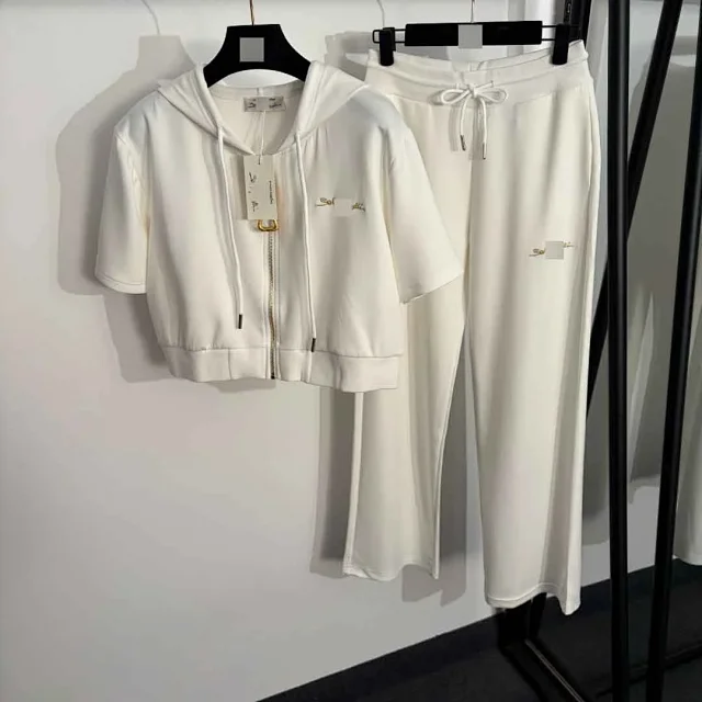 Unbranded Matching Sets Short-Sleeve Hooded Zip-Up Top and Drawstring Wide-Leg Trousers Set product detail image 2
