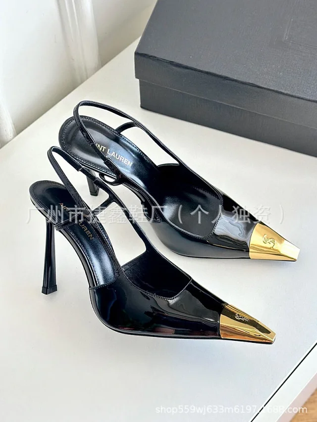Saint Laurent High Heels Gold Metal Cap-Toe Slingback Pumps product detail image 14