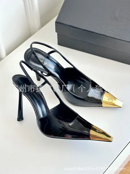 Design Slingback Stiletto Heels Black with Gold Toe Cap Heels - 15