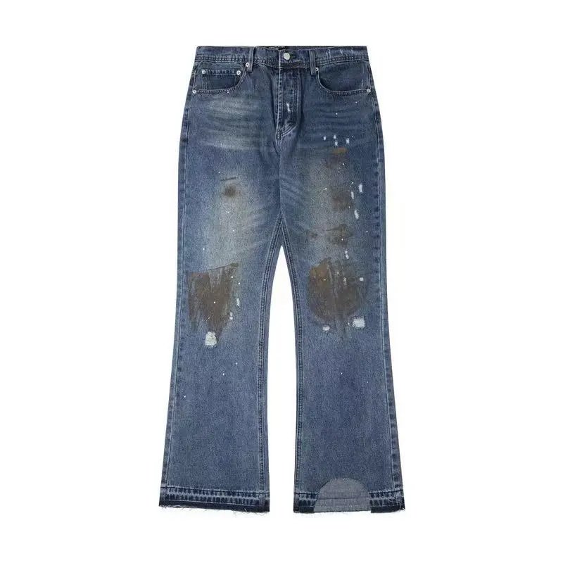 Design Distressed Paint-Splatter Flared Jeans Blue - 11