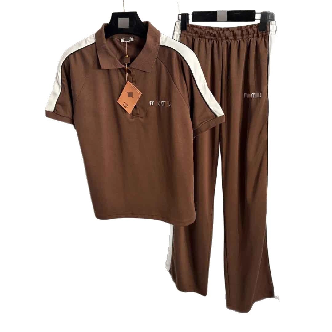Miu Tracksuits Short-Sleeve Polo and Elastic-Waist Wide-Leg Pants with Contrast Side Stripes image 5