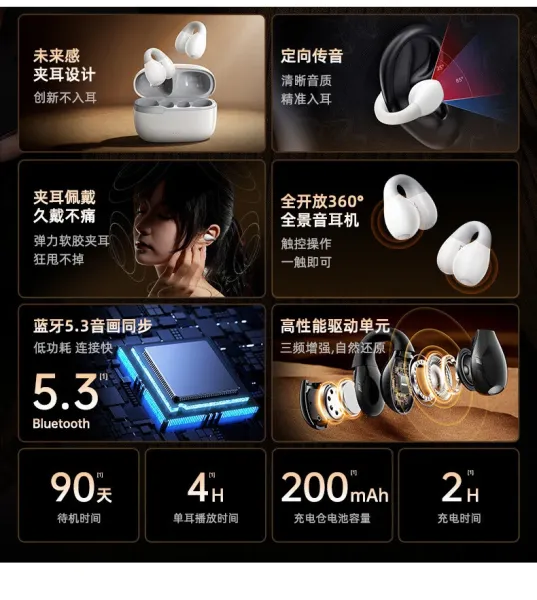 Design Open-Ear Wireless Earbuds White / Black Earphones - 3