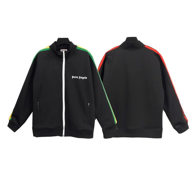 Palm Angels Track Jacket Black with Green and Yellow Stripes Outerwear - 5