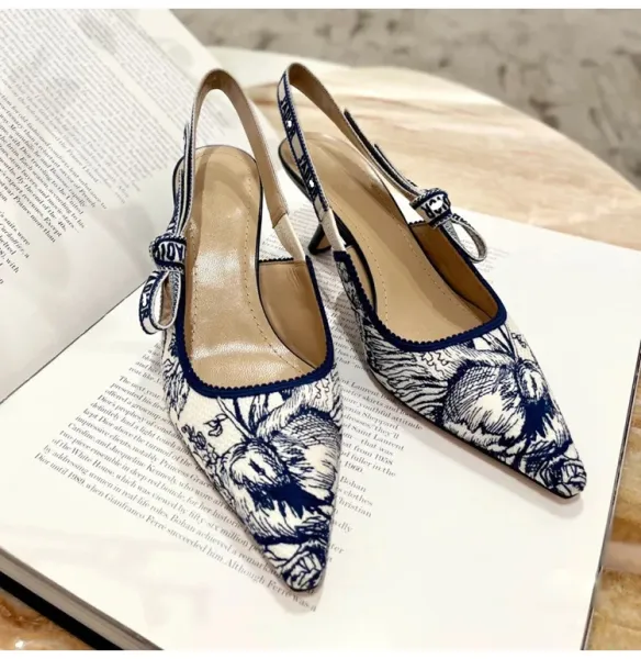 Dior J'adior Slingback Heels Navy Blue and White Toile Print - 4