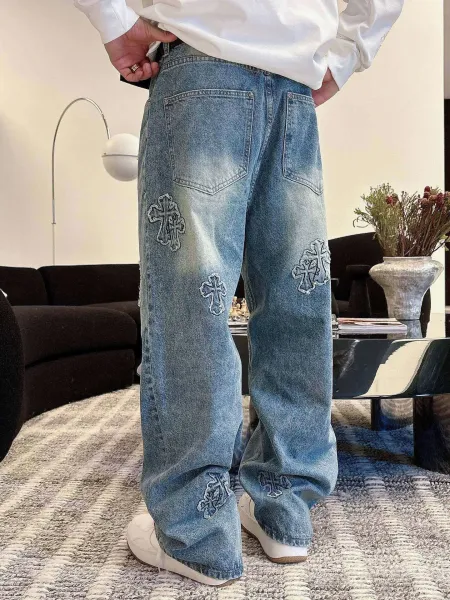 Chrome Hearts Cross Embroidered Distressed Wide-Leg Jeans Blue - 5