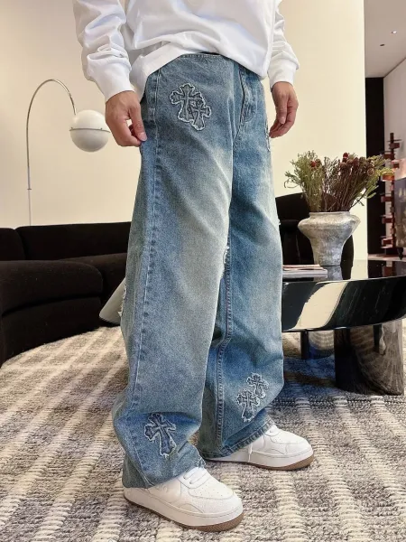 Chrome Hearts Cross Embroidered Distressed Wide-Leg Jeans Blue - 6