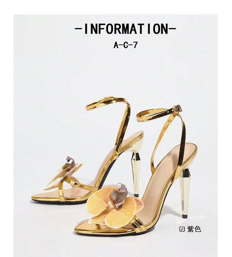 Design Floral Embellished Gold Stiletto Heels - 5