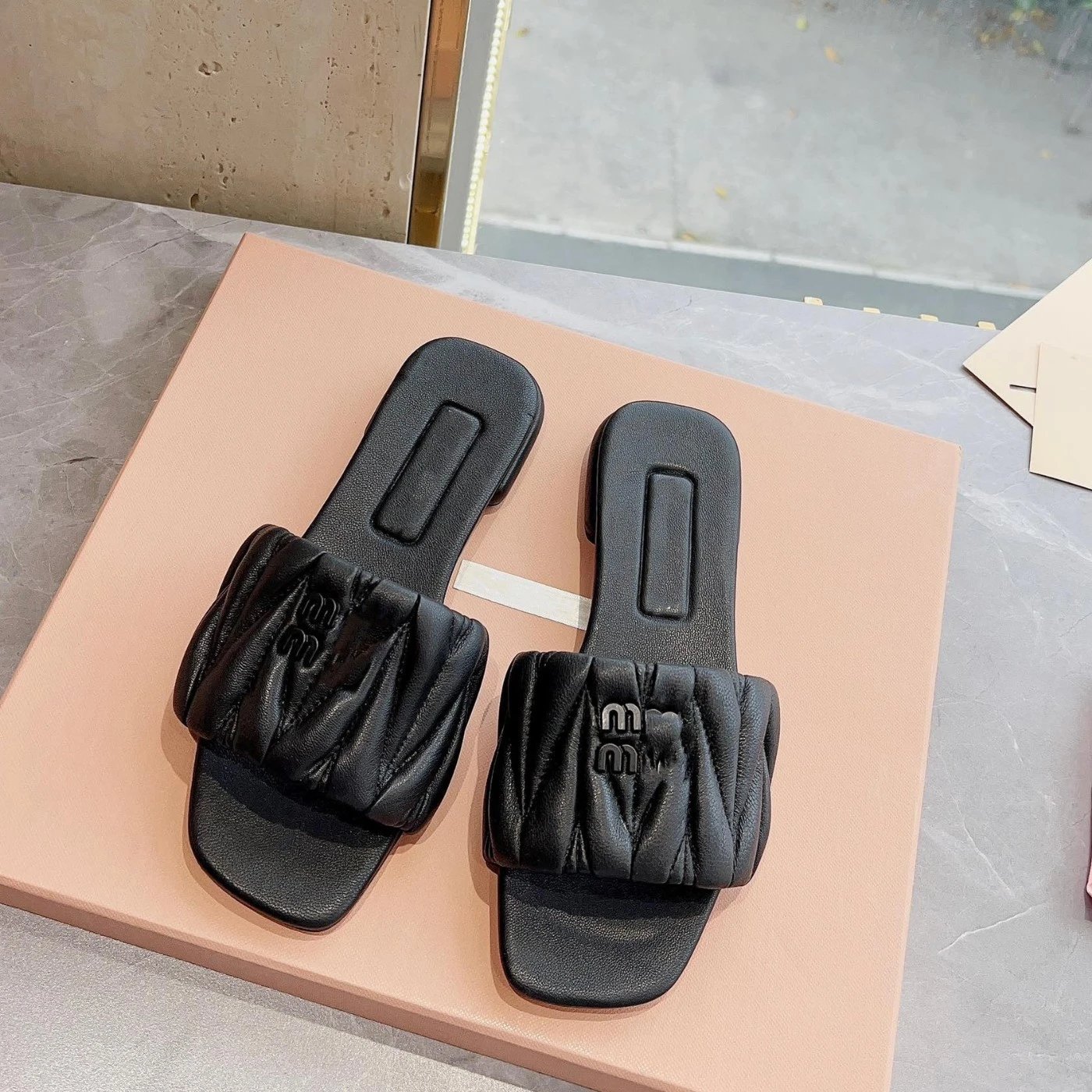 Miu Sandals Square-Toe Quilted Logo Slide image 3