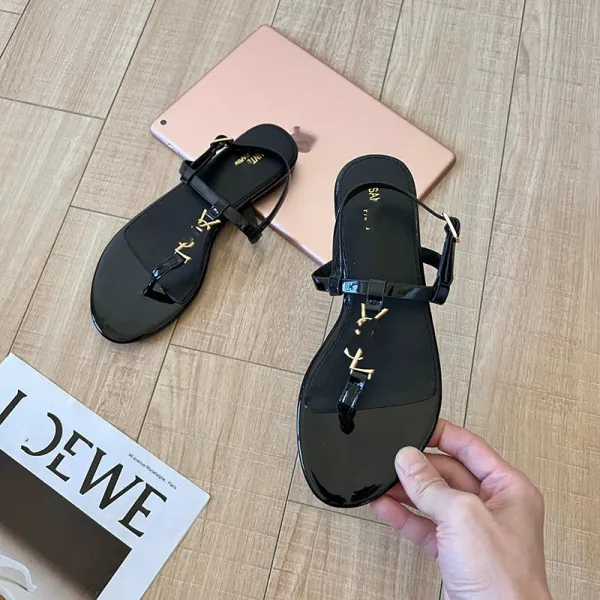 Saint Laurent YSL Monogram Flat Thong Sandals Black - 8