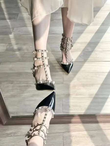 Valentino Rockstud Strappy Pointed-Toe Kitten Heel in Nude - 5