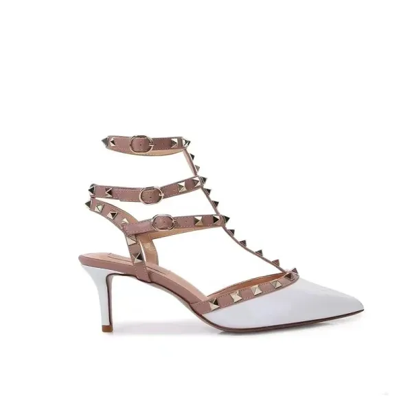 Valentino Rockstud Strappy Pointed-Toe Kitten Heel in Nude - 24