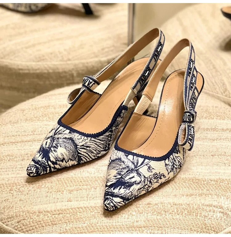 Dior J'adior Slingback Heels Navy Blue and White Toile Print - 7