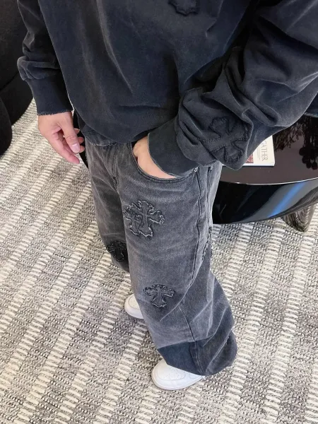 Chrome Hearts Cross Embroidered Distressed Wide-Leg Jeans Blue - 13