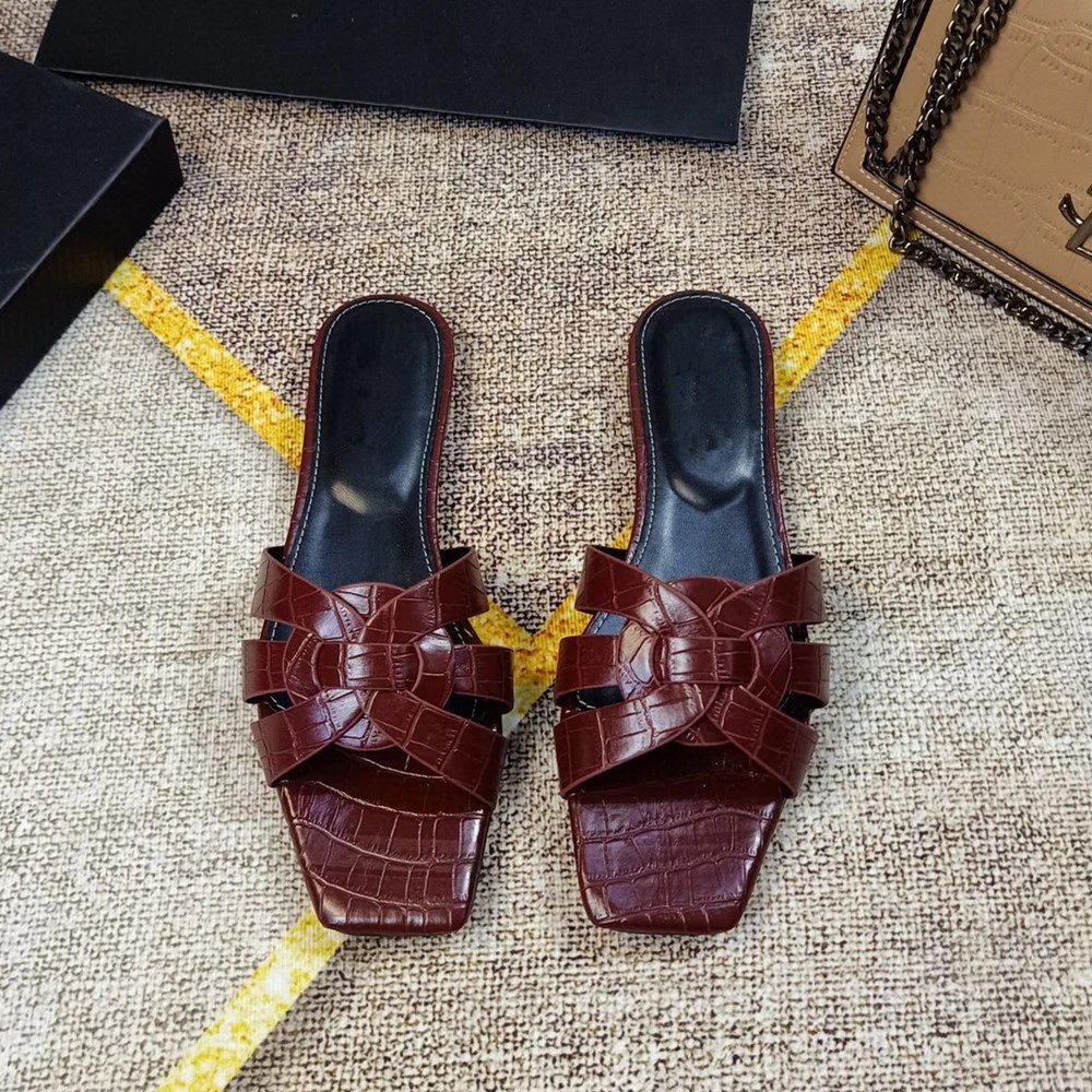 Design Square-Toe Croc-Embossed Slide Sandals Burgundy Slippers