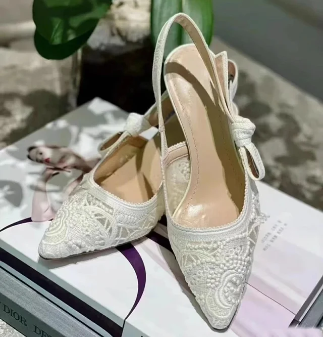 Christian Dior High Heels Lace Pointed-Toe Bow Slingback product detail image 8