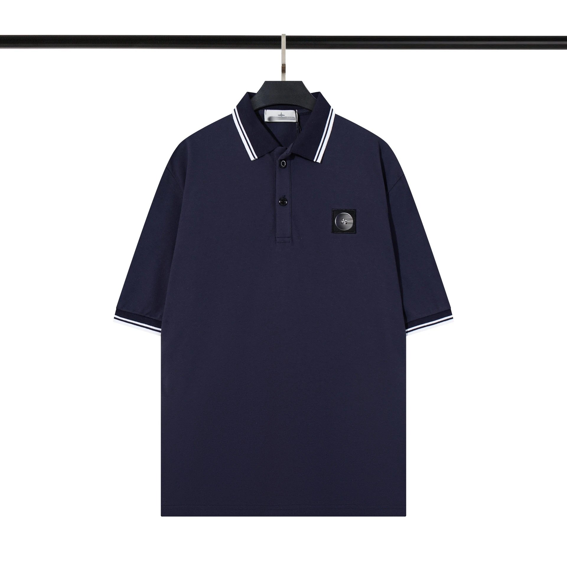 Stone Island T-Shirts Short-Sleeve Polo Shirt with Compass Badge and Striped Trim — 639 Navy