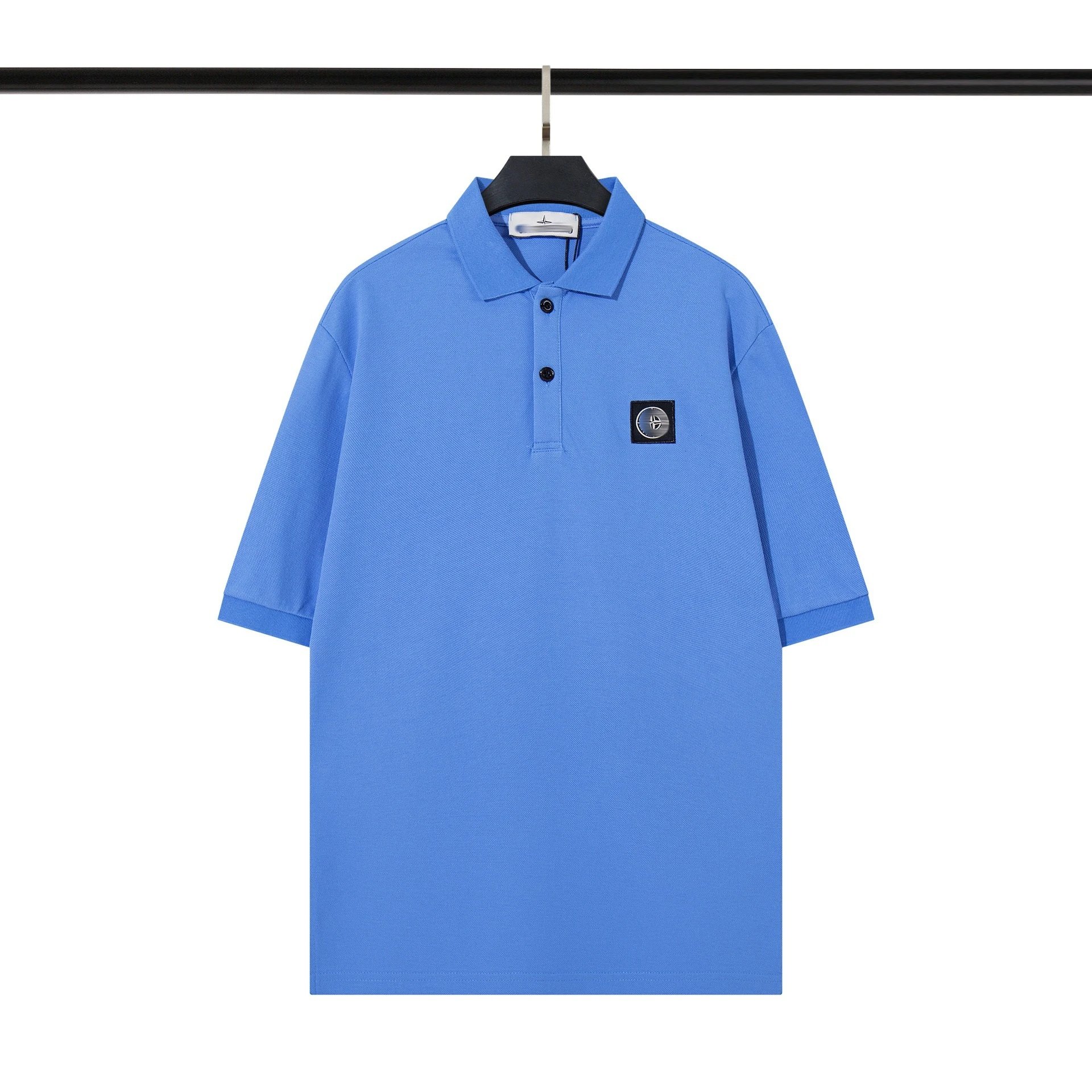 Stone Island T-Shirts Short-Sleeve Polo Shirt with Compass Badge and Striped Trim — 8229 blue