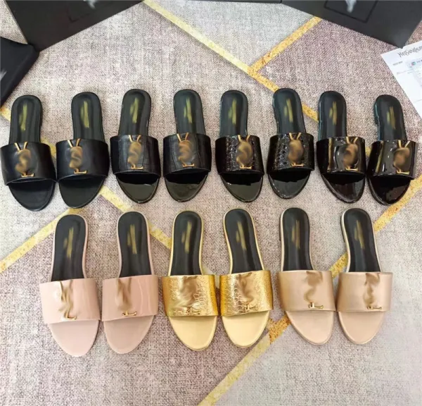 Design Croc-Embossed Patent Leather Slide Sandals Black Slippers - 2