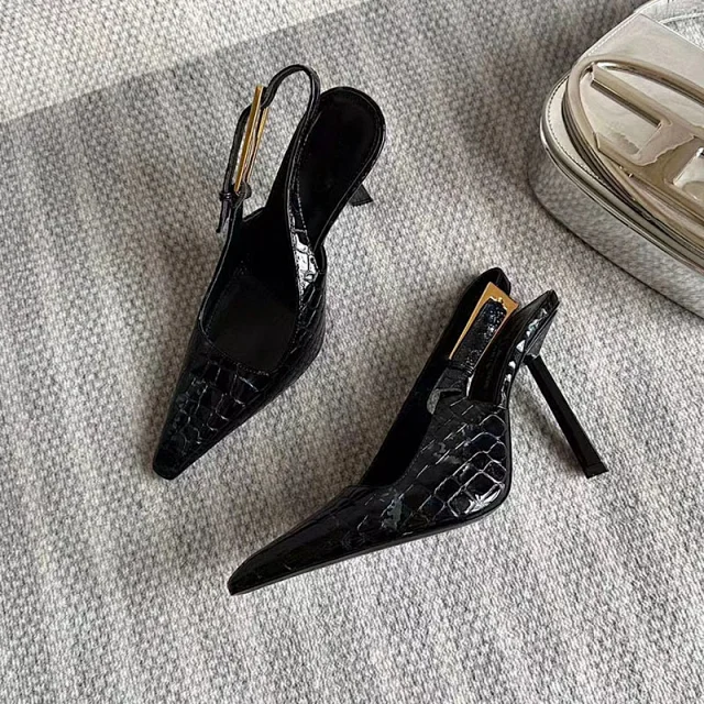 Saint Laurent High Heels Pointed-Toe Patent Leather Slingback Stilettos with Gold-Tone Buckle product detail image 7