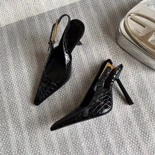 Design Slingback Pointed-Toe Pumps Brown Leather Shoes Heels - 8