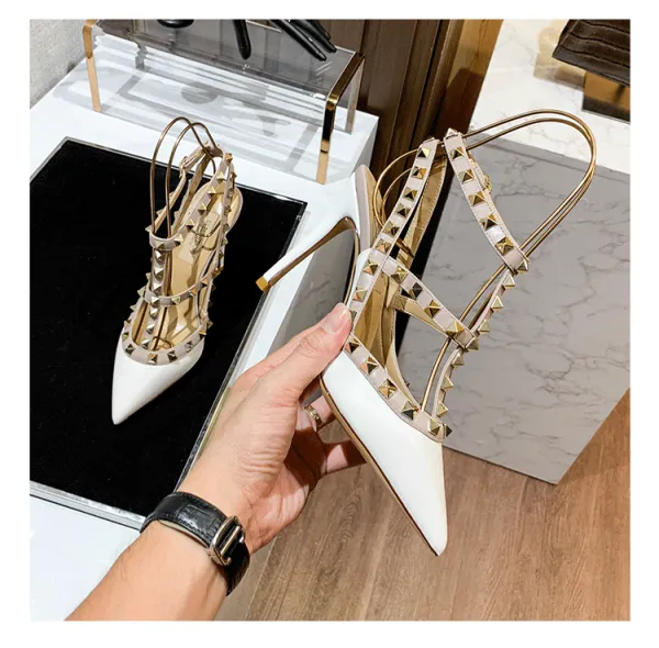 Valentino Rockstud Strappy Stiletto Heels White - 49